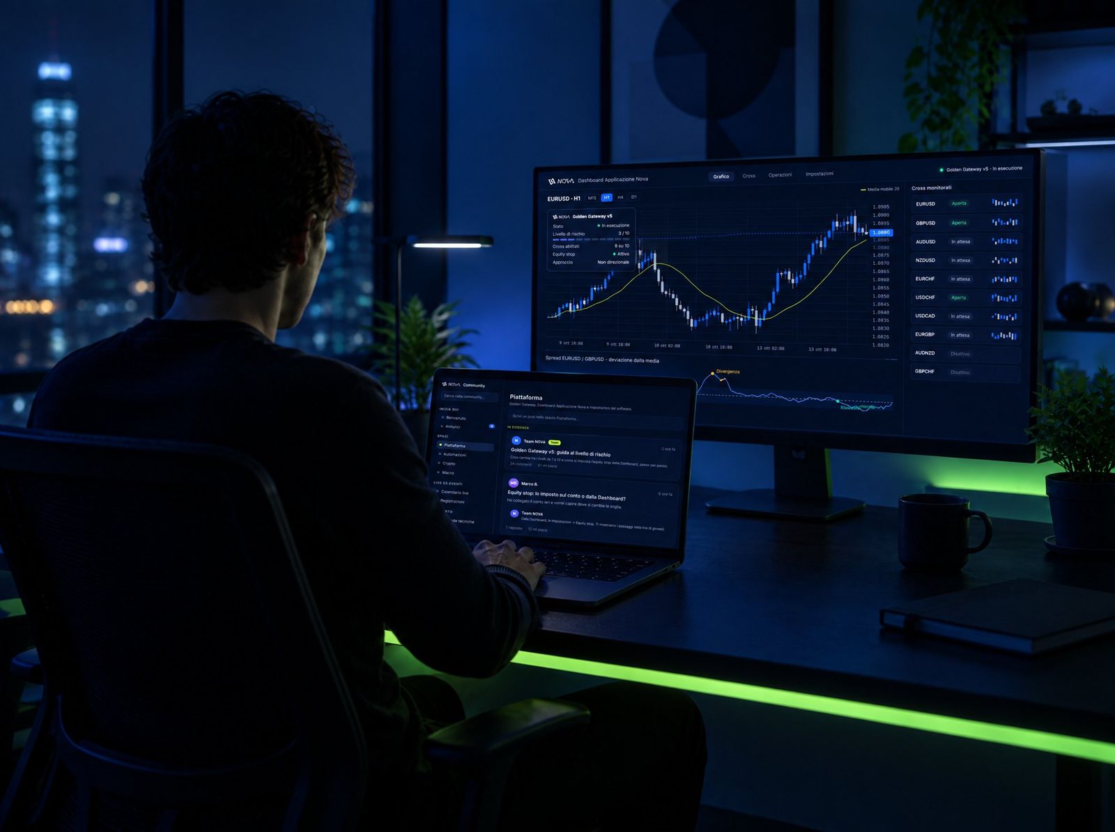 Desk with the Nova Application Dashboard on the monitor and the NOVA community on the laptop